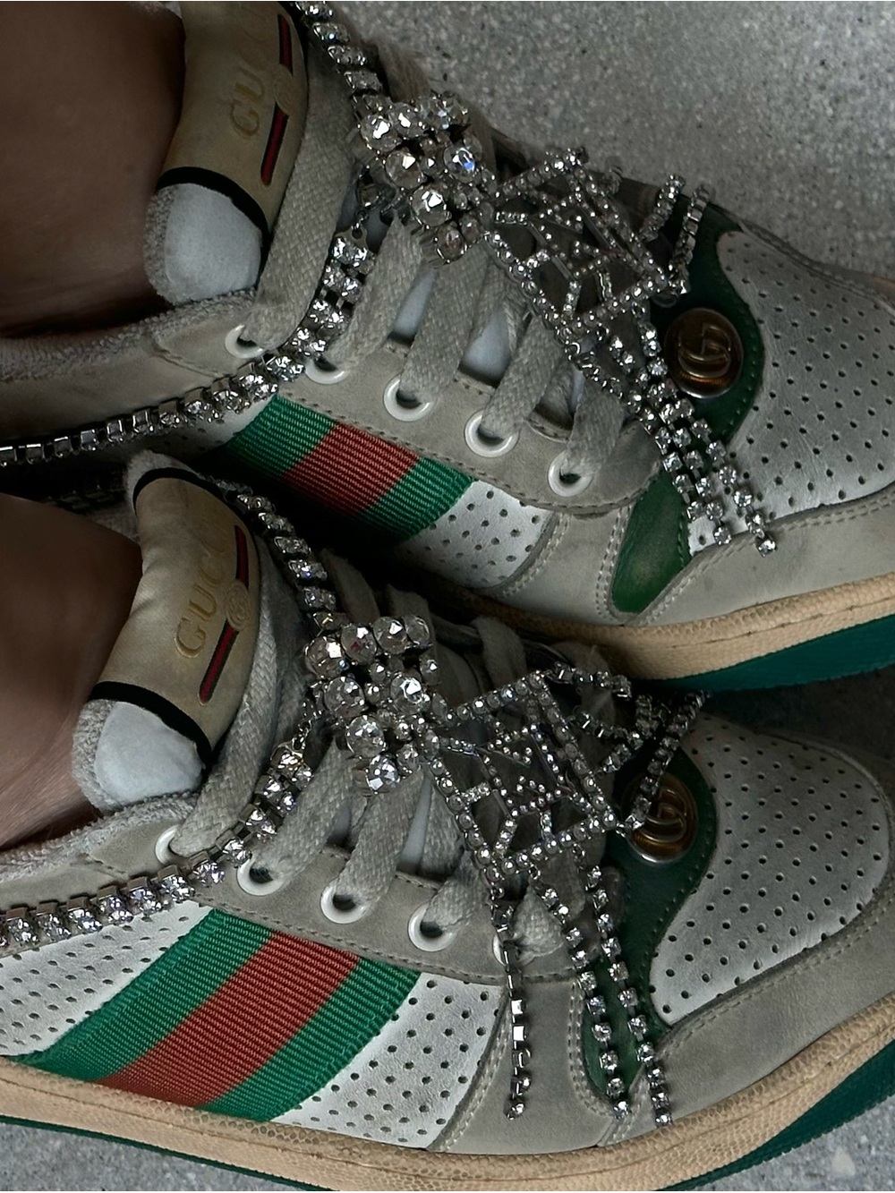 Gucci White Sneakers with Green and Red Web Stripe and Crystal Accents